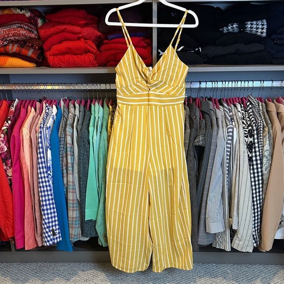 Crystal Sky yellow/white striped v neck front tie adjustable strap jumpsuit XS - Picture 1 of 3